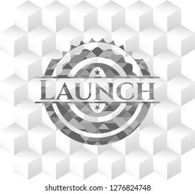 Launch grey badge with geometric cube white background