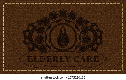 Launch icon and Elderly care text leather badge. Wallet graceful background. Artistic illustration. 