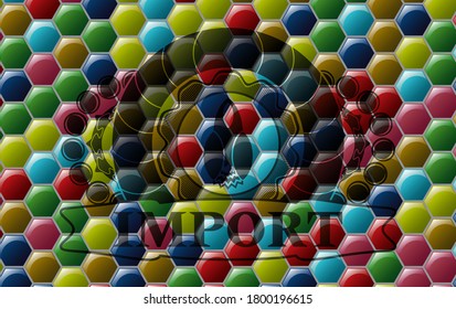 Start-Symbol und Importieren Text Farbiges mehrfarbiges Badge. Hexagon-exquisiter Hintergrund. Intensive Illustration. 