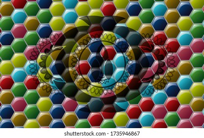 Launch icon inside Colorful multicolored realistic emblem. Hexagon classic background. Intense illustration. 
