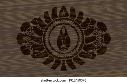 Launch icon inside wood realistic badge. Brown fancy background. Illustration. 