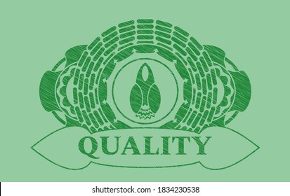 Launch icon and Quality text Green stroke badge. Eco luxurious background. Artistic illustration. 