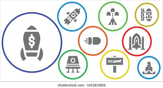 launch icon set. 9 filled launch icons.  Collection Of - Rocket, Startup, Spaceship, Space capsule, War, Missile, Rocket ship launch