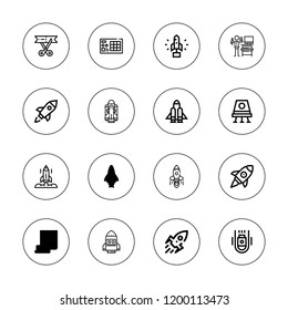 Launch icon set. collection of 16 outline launch icons with launchpad, inauguration, space capsule, rocket launch, rocket ship, rocket icons.