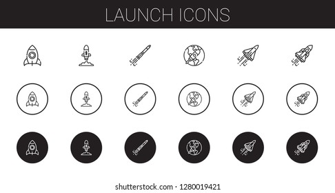launch icons set. Collection of launch with rocket, startup, rocket ship, space shuttle. Editable and scalable launch icons.