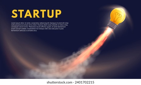 Launch idea. Run startup business, rocket boost for ideas and light bulb fly high vector illustration of rocket idea startup, launch start project