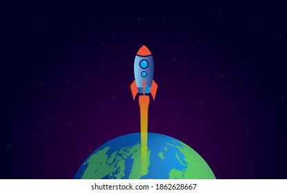 Launch illustration - Spaceship launching from earth into space. Vector illustration.