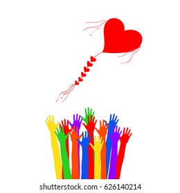 Launch into the sky kite. Vector illustration. Many hands stretching to the sky.