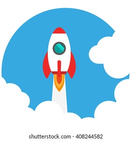 The launch into space.  Flying rocket through the clouds