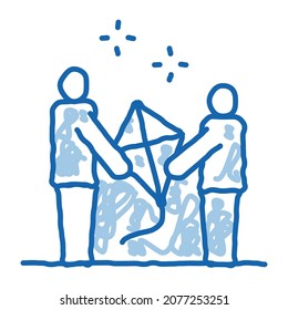 launch kite parent and child sketch icon vector. Hand drawn blue doodle line art launch kite parent and child sign. isolated symbol illustration