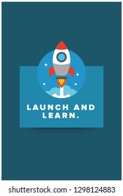 Launch and Learn motivational quote with rocket ship illustration