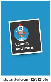 Launch and Learn motivational quote with rocket ship illustration