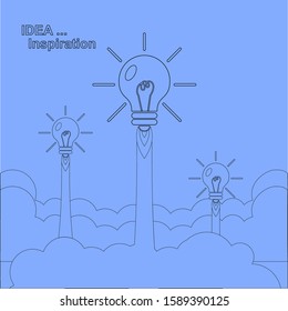Launch a light bulb that flies through the clouds. New projects or business breakthroughs. Vector illustration of line style. Good idea launched.
