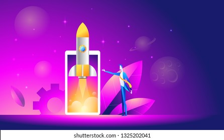 Launch of a mobile application is an isometric illustration. takeoff rocket or spacecraft over the mobile phone