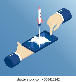 launch of a mobile application is an isometric illustration. takeoff rocket or spacecraft over the mobile phone. hands holding smartphone with which the spaceship starts, isometric concept startup