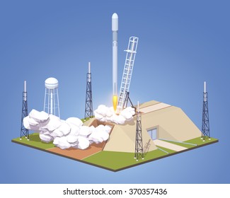 Launch Of The Modern Space Rocket. 3D Lowpoly Isometric Vector Concept Illustration