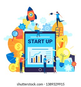 The launch of a new business, financial operations, investment of money in a startup and in ideas online. Vector illustration in a flat colorful cartoon style