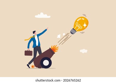 Launch new business idea, creativity and innovative winning solution, entrepreneurship or start up business concept, smart businessman entrepreneur launching light bulb idea from powerful cannon.