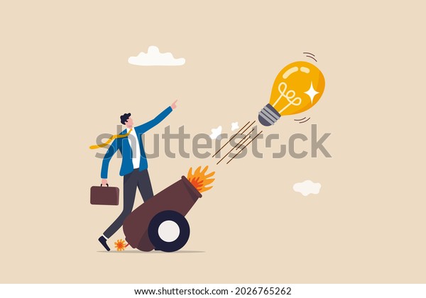Launch new business idea, creativity and\
innovative winning solution, entrepreneurship or start up business\
concept, smart businessman entrepreneur launching light bulb idea\
from powerful cannon.