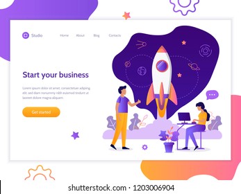 Lanzamiento de un nuevo proyecto comercial. Plantilla de diseño de banner web. Concepto de inicio. Trabajo en equipo y desarrollo. Ilustración vectorial plana.