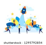 The launch of a new business in a young developing company. metaphor of rocket launch into the space. vector illustration business in a flat colorful cartoon style