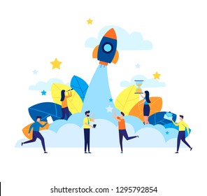The launch of a new business in a young developing company. metaphor of rocket launch into the space. vector illustration business in a flat colorful cartoon style