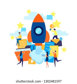 The launch of a new business in a young developing company. metaphor of rocket launch into the space. vector illustration business in a flat colorful cartoon style