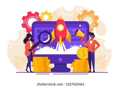 The launch of a new business in a young developing company. metaphor of rocket launch into space from the site. vector illustration business in a flat colorful cartoon style