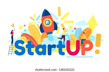 The launch of a new business in a young developing company. Metaphor of rocket launch into the space. Big Start Up letters and people near. Vector illustration in a flat colorful cartoon style