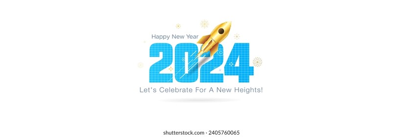 Launch of new financial year 2024 and celebration background. Happy new year 2024 text with rocket and graph background.