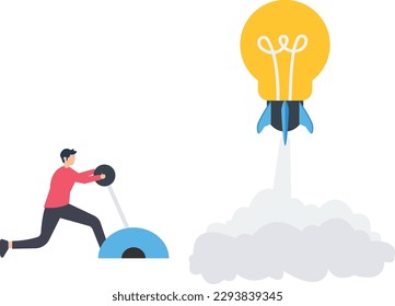 Launch New Ideas, Innovation to launch new ideas, entrepreneurship or startup, creativity to begin business or breakthrough idea concept, innovative rocket launch, bright lightbulb idea.
