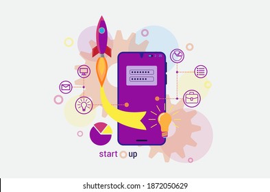 Iniciar nuevo proyecto de inicio desde la ilustración de vector de smartphone. Solución de éxito empresarial con tecnología de diseño plano. 