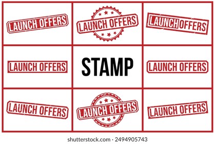 Lanzamiento Ofrece sello de goma sobre fondo blanco. Lanzamiento Ofertas Sello.