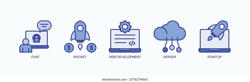Launch Pad Icon Set Isolated Vector With Icon Of Chat, Rocket, Web Development, Server, Startup In Blue Style