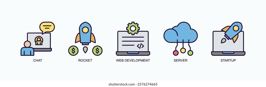 Launch Pad Icon Set Isolated Vector With Icon Of Chat, Rocket, Web Development, Server, Startup In Outline Color Style