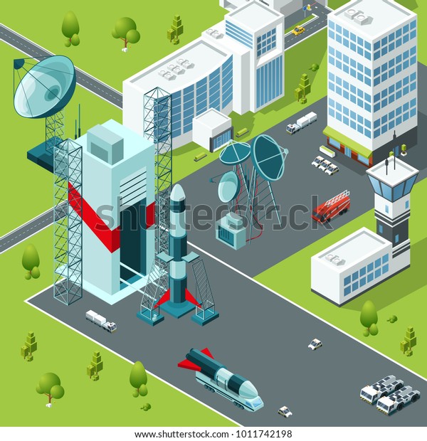 Launch pad of\
the spaceport. Isometric buildings and rocket launch, spaceship and\
shuttle. Vector\
illustration