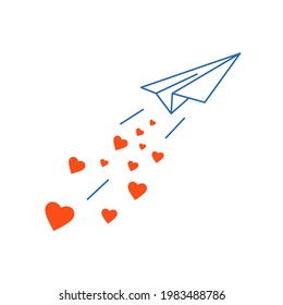 Launch paper plane with love. Airplane flying scattering red heart shapes. Sharing love. Charity, volunteer work concept. Happy Valentine day postcard. Travel or lovely journey. Vector illustration