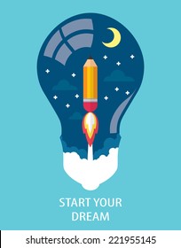 launch pencil rocket with sky space in light bulb shape, Creative dream start concept. flat and minimal style. Vector illustration. Can be used for cover design flyer, brochure, poster