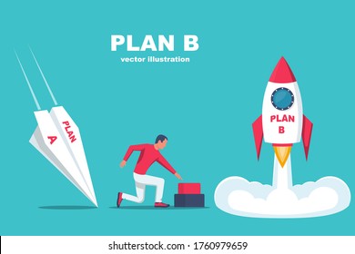 Launch of plan B. Business metaphor. Plan A and plan B. Vector illustration flat design. Success solution and failure. A paper plane crashes, a rocket takes off.
