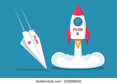 Launch of plan B. Business metaphor. Plan A and plan B. Vector illustration flat design. Success solution and failure. A paper plane crashes, a rocket takes off.