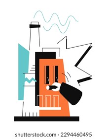 Launch of the production line - colorful flat design style illustration with linear elements. Orange and light blue colored picture with factory with pipes and a hand holding a switch. Work in process