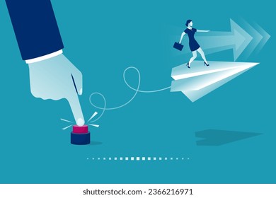 Launch project, business metaphor. Human hand pushing start button. Businesswoman takes off on an airplane.  Start up concept. Vector illustration, flat design style. Isolated on white background. 