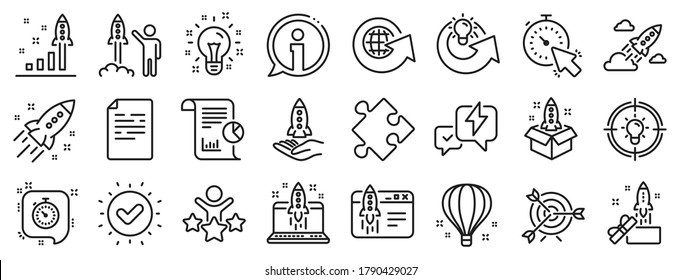 Launch Project, Business report, Target icons. Startup line icons. Strategy, Development plan, Startup space rocket. Air balloon, Out of the Box strategy and Business innovation report. Vector