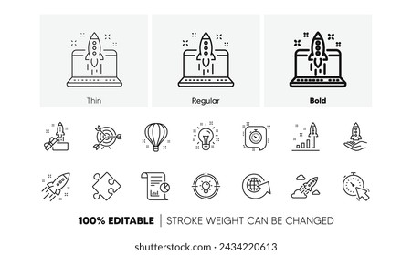 Launch Project, Business report and Target. Startup line icons. Strategy linear icon set. Line icons set. Vector
