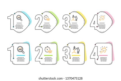 Launch project, Data analysis and Quick tips icons simple set. Musical note sign. Business innovation, Magnifying glass, Helpful tricks. Music. Business set. Infographic timeline. Vector