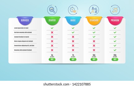 Launch project, Data analysis and Quick tips icons simple set. Comparison table. Musical note sign. Business innovation, Magnifying glass, Helpful tricks. Music. Business set. Pricing plan. Vector