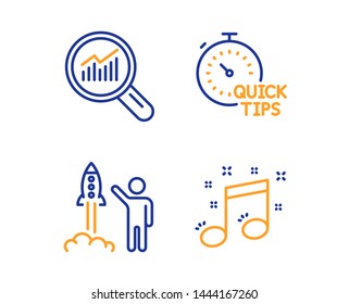 Launch project, Data analysis and Quick tips icons simple set. Musical note sign. Business innovation, Magnifying glass, Helpful tricks. Music. Business set. Linear launch project icon. Vector