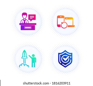 Launch project, Exhibitors and Recovery devices icons simple set. Button with halftone dots. Confirmed sign. Business innovation, Information desk, Backup data. Accepted message. Education set. Vector