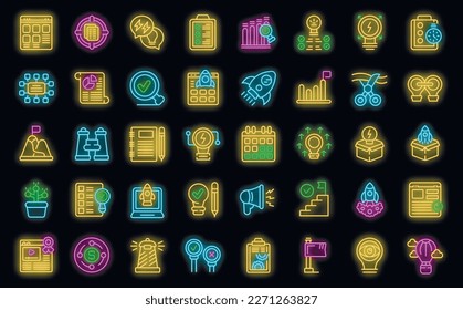 Iniciar iconos de proyecto establece el vector de esquema. Impulso de cohetes. Comenzar el color del neón en el negocio en negro