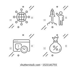 Launch project, International globe and Project deadline line icons set. Loan sign. Business innovation, World networking, Time management. Money bag. Business set. Vector